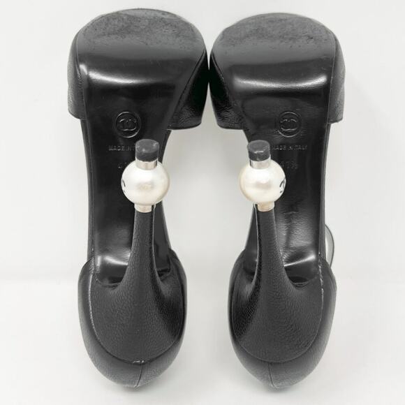 Chanel Black Peep‑Toe Pearl Heel Sandals G27106 Ankle Strap Heel 41.5 - Picture 11 of 13